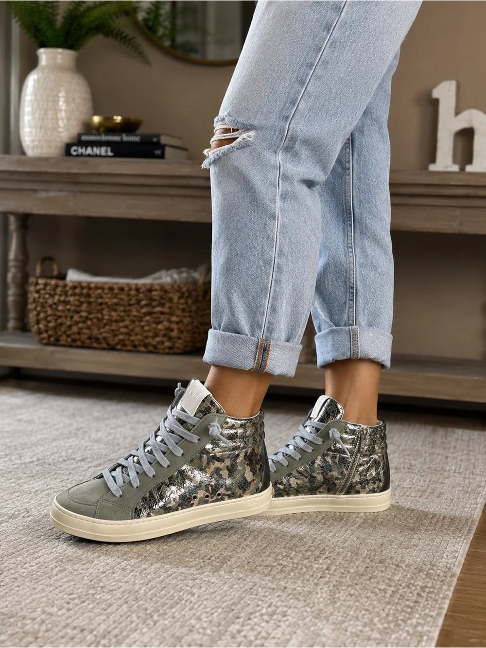 P448 Army Green Metallic Leather High Top Sneakers Women's Size 8